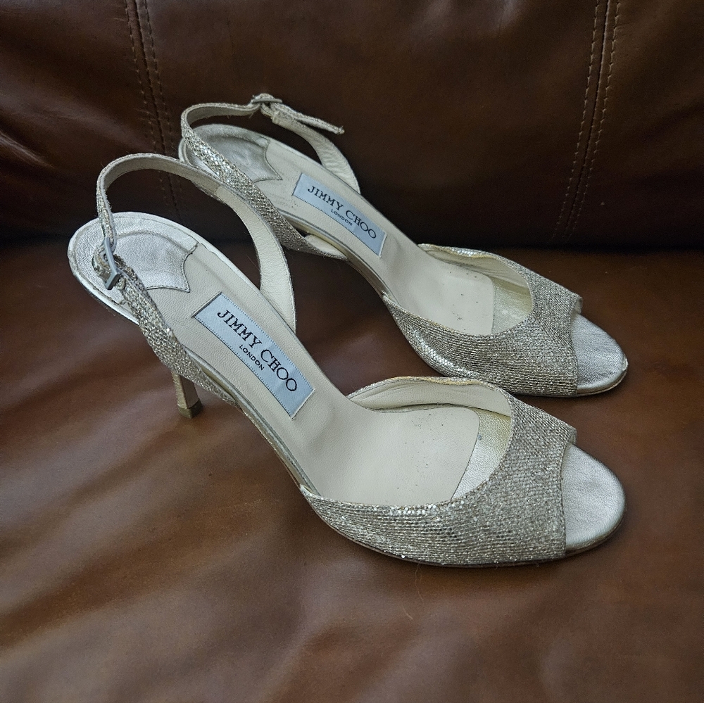 Jimmy Choo Glitter Slingback Peep Toe Heels Size 40 - Picture 2 of 9